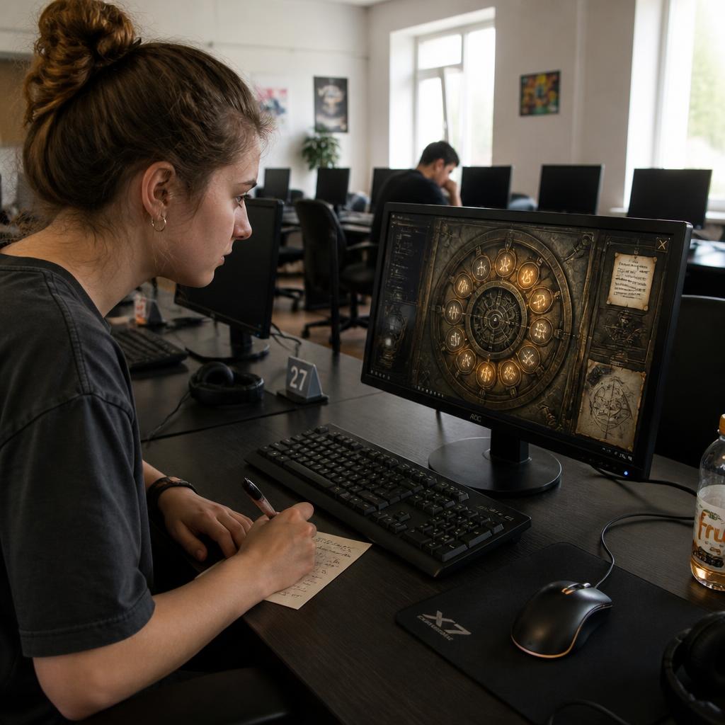 A tidy station by the window: monitor, keyboard and mouse on the desk, a player taking notes